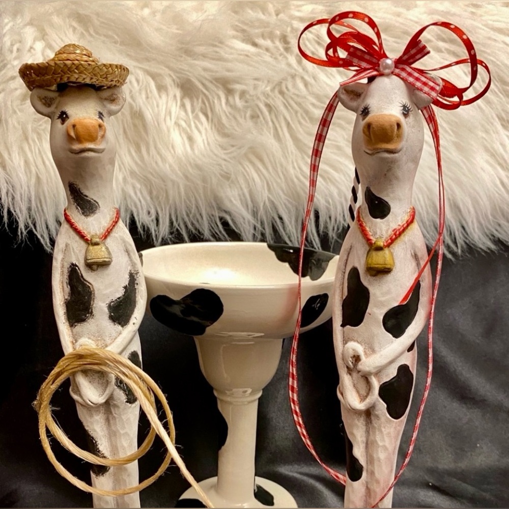 Adorable Hand Crafted Ceramic Male & Female Cows & Trough by Andre’ & Leigh